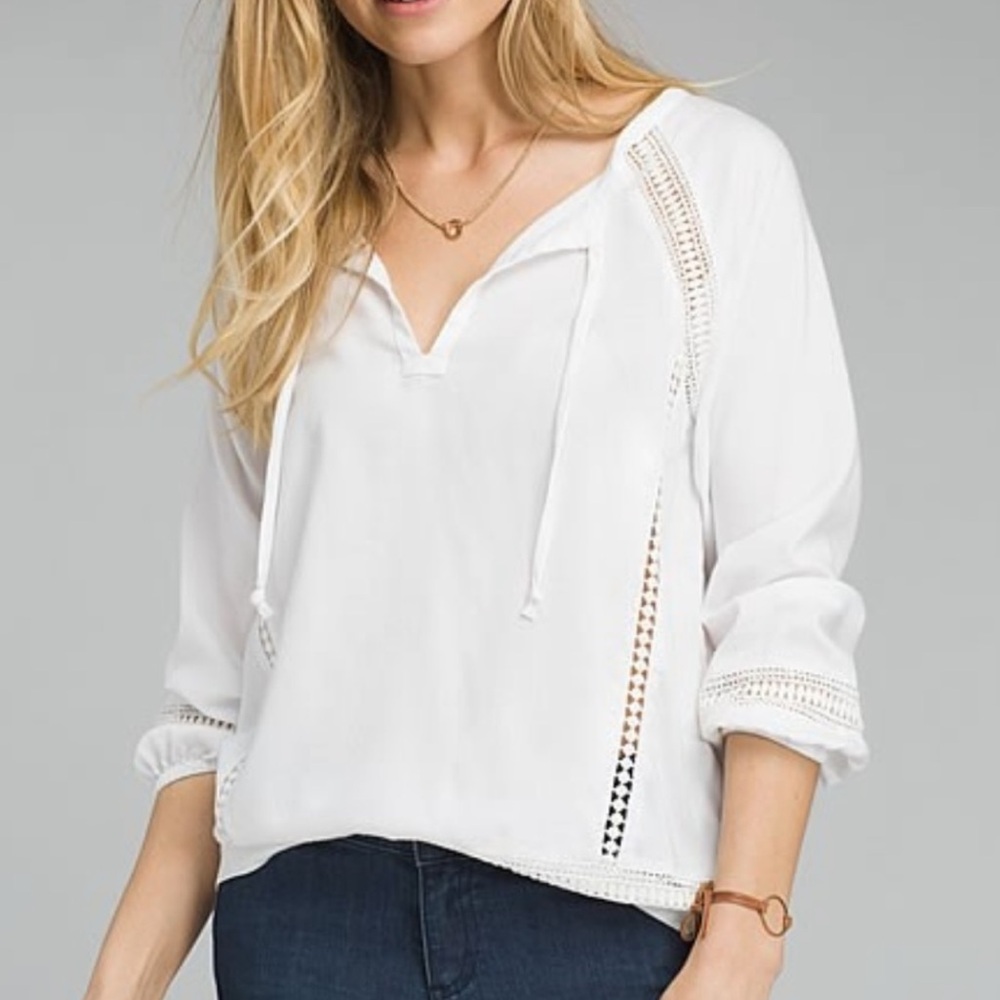 Prana Tacana Peasant Top White Lace Inset Neck Tie Tencel Coquette X-Small